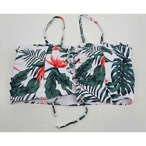 Tropical Leave & Flower Lace-up Ruffled Spaghetti Strap Green White Swim Top 2XL